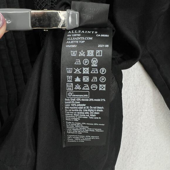 ALLSAINTS Juliette Pintuck Ruffle Top Womens 00 Black Square Neck Balloon Sleeve - Picture 11 of 13